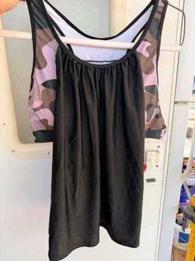Black Tankini Swim Top with Pink & Olive Camo Accents
